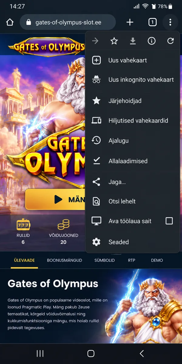 Chrome'i menüü avatud Gates of Olympus veebilehel