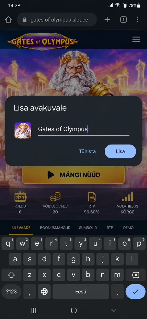 Lisa avakuvale aken, otsetee nimi Gates of Olympus