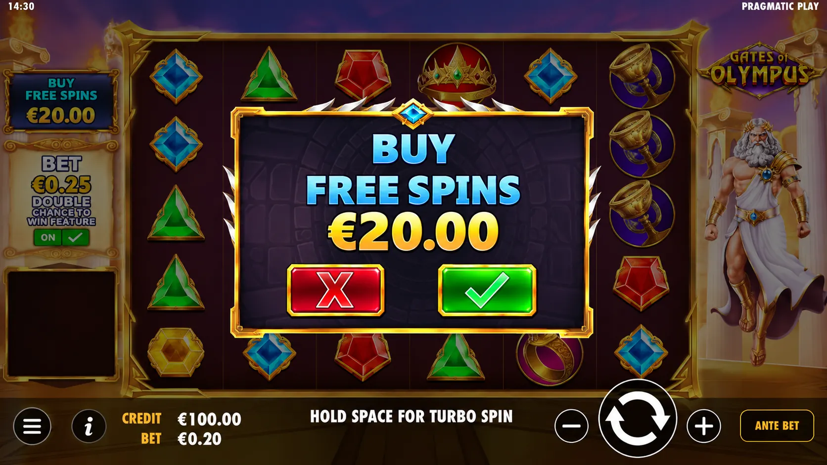 Gates of Olympus Bonus Buy kinnitusaken hinnaga 20 eurot