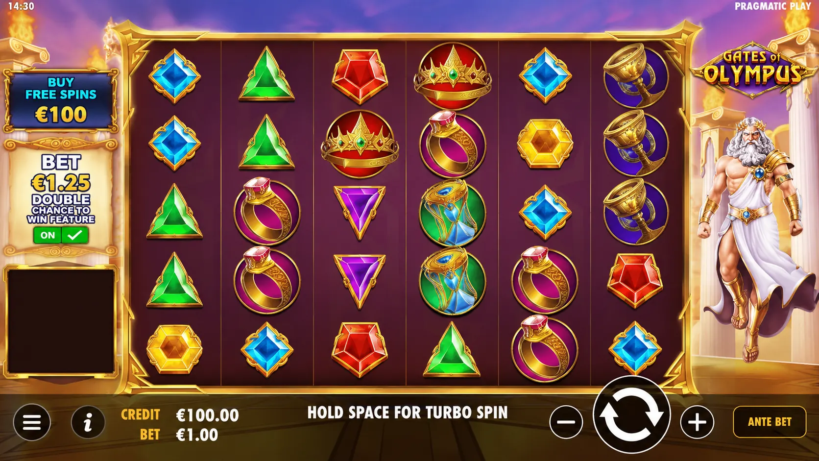 Gates of Olympus põhimäng, vasakul Bonus Buy ja Ante Bet nupud