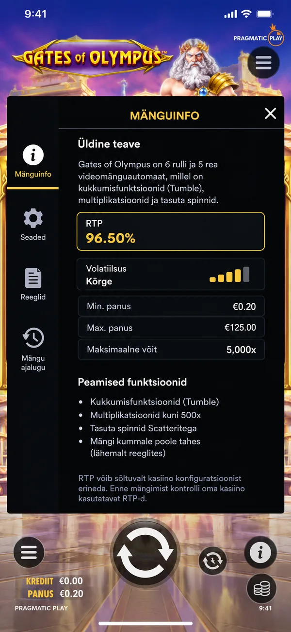 Gates of Olympus mängu infomenüü: RTP 96,50% ja kõrge volatiilsus