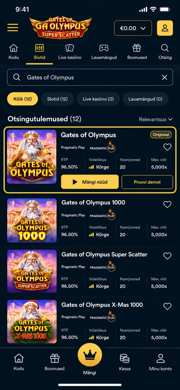 Gates of Olympus originaal ning versioonid 1000 ja Super Scatter otsingutulemustes